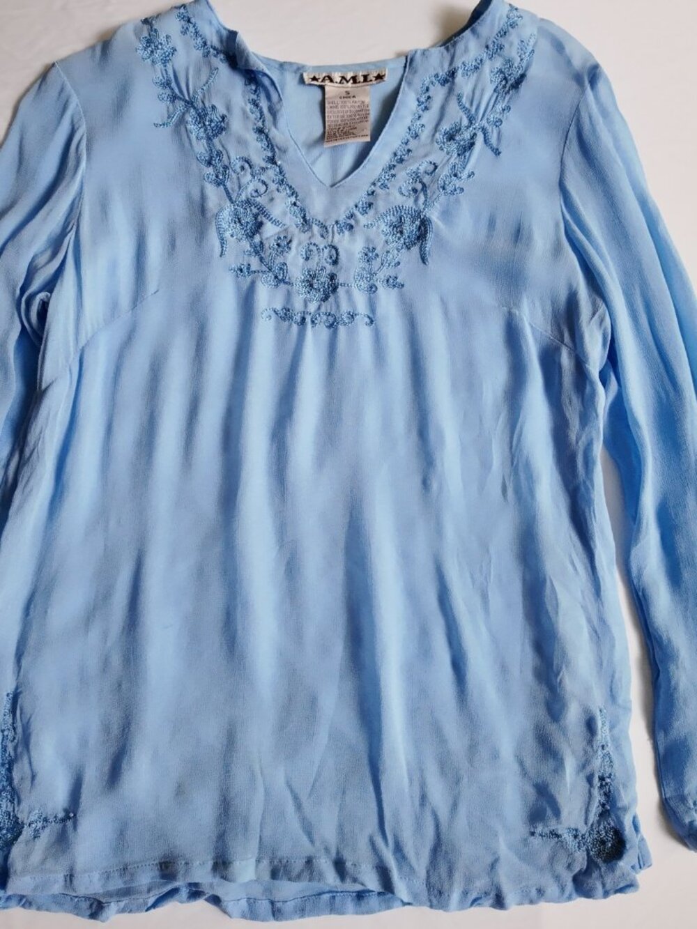 AMI Blouse Peasant Beaded Y2K Boho Coastal Fairycore Sky Light Blue Size Small